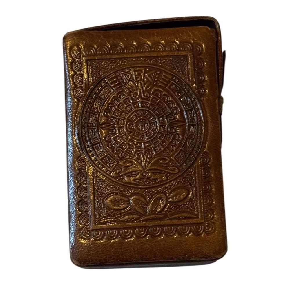 Vintage Mexico‎ Tooled Leather Matchbox Cover Aztec Sun Calendar Charro Design